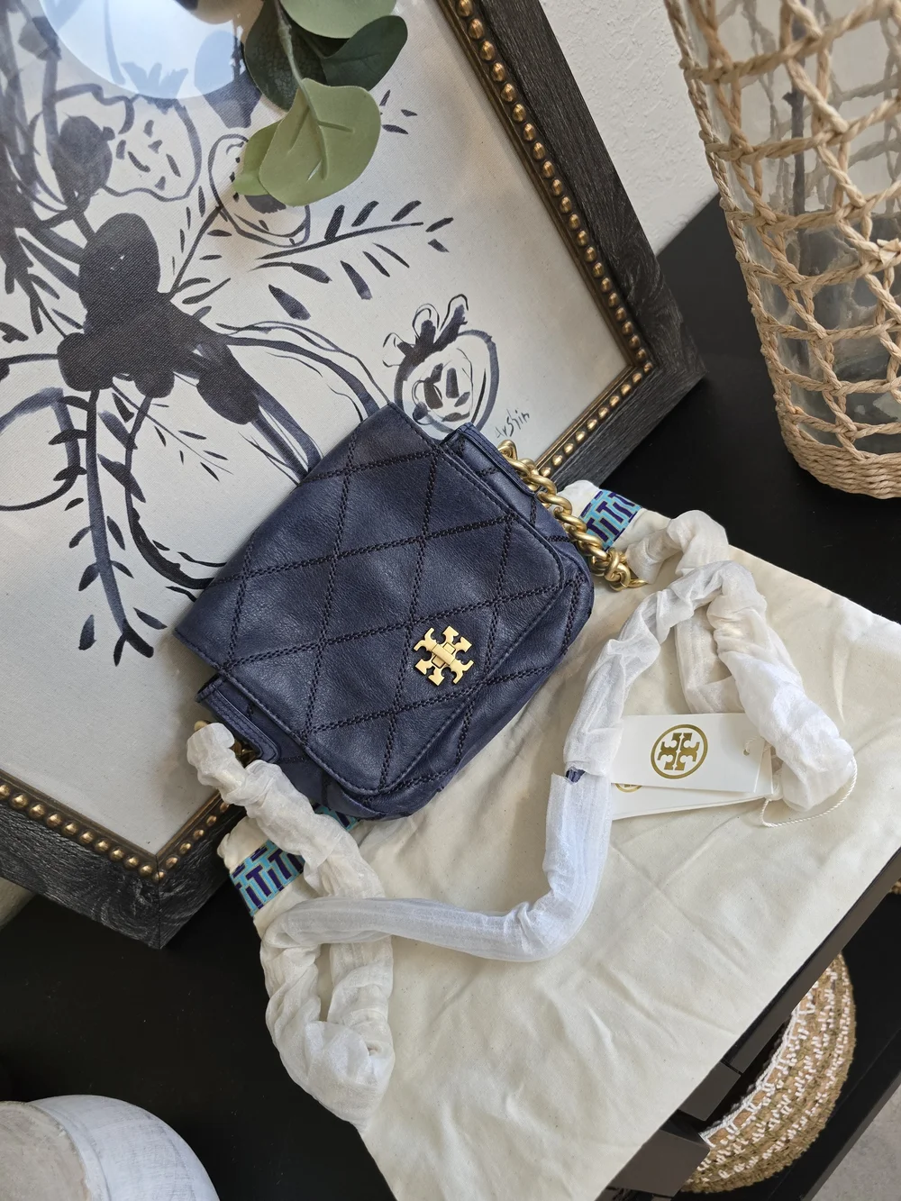 Tory Burch Navy Quilted Lysa Mini Crossbody Bag Gold Chain Strap Turn Lock NWT
